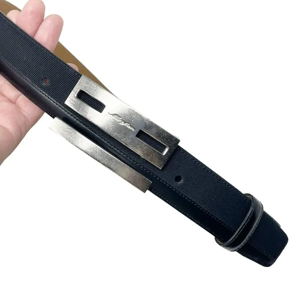 Mezlan Men's Black Leather Belt Size 32 Rectangular Silver Tone Buckle Spain GUC